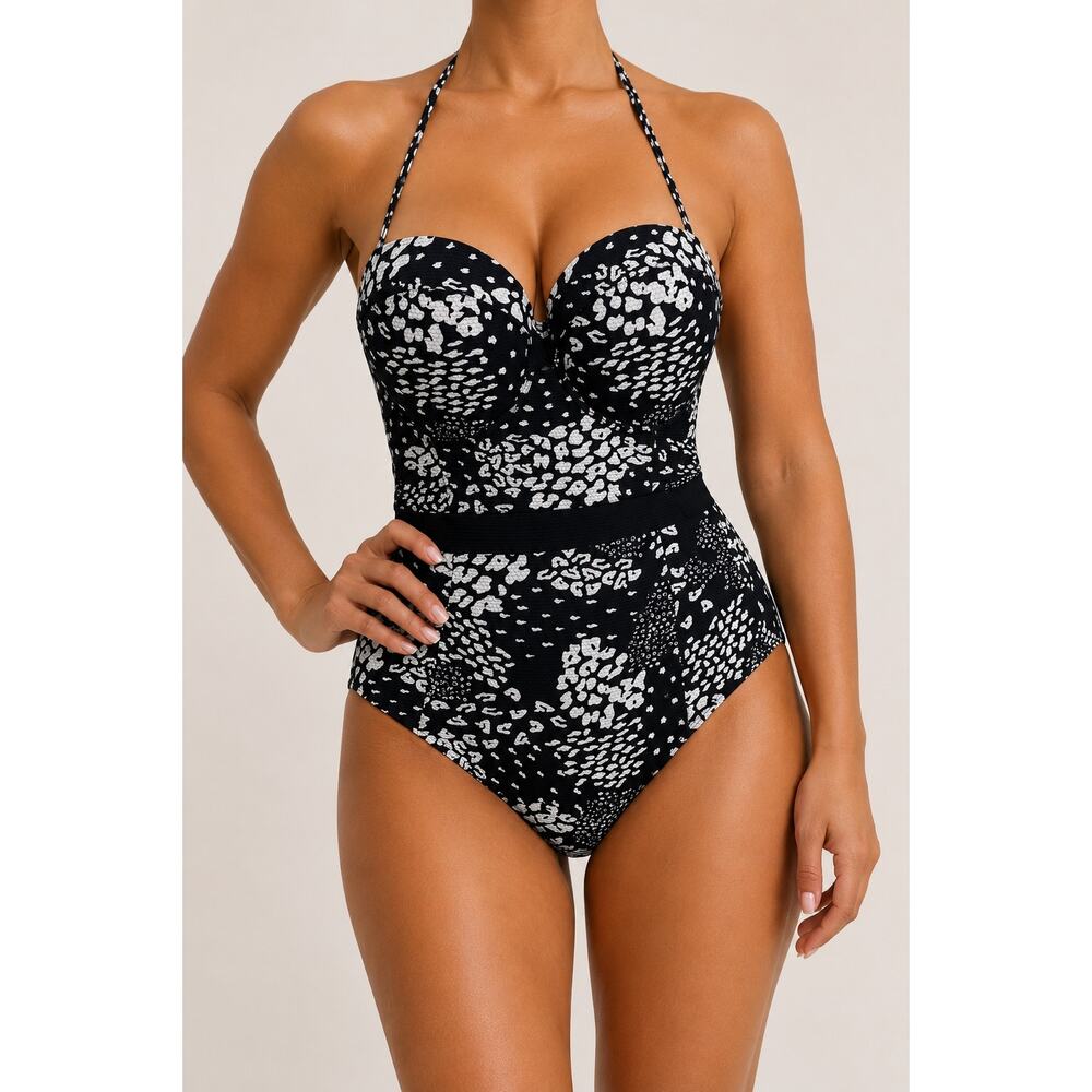 Jordache One Piece Swimsuit Womens Size 14 Black White Halter Tummy Control
